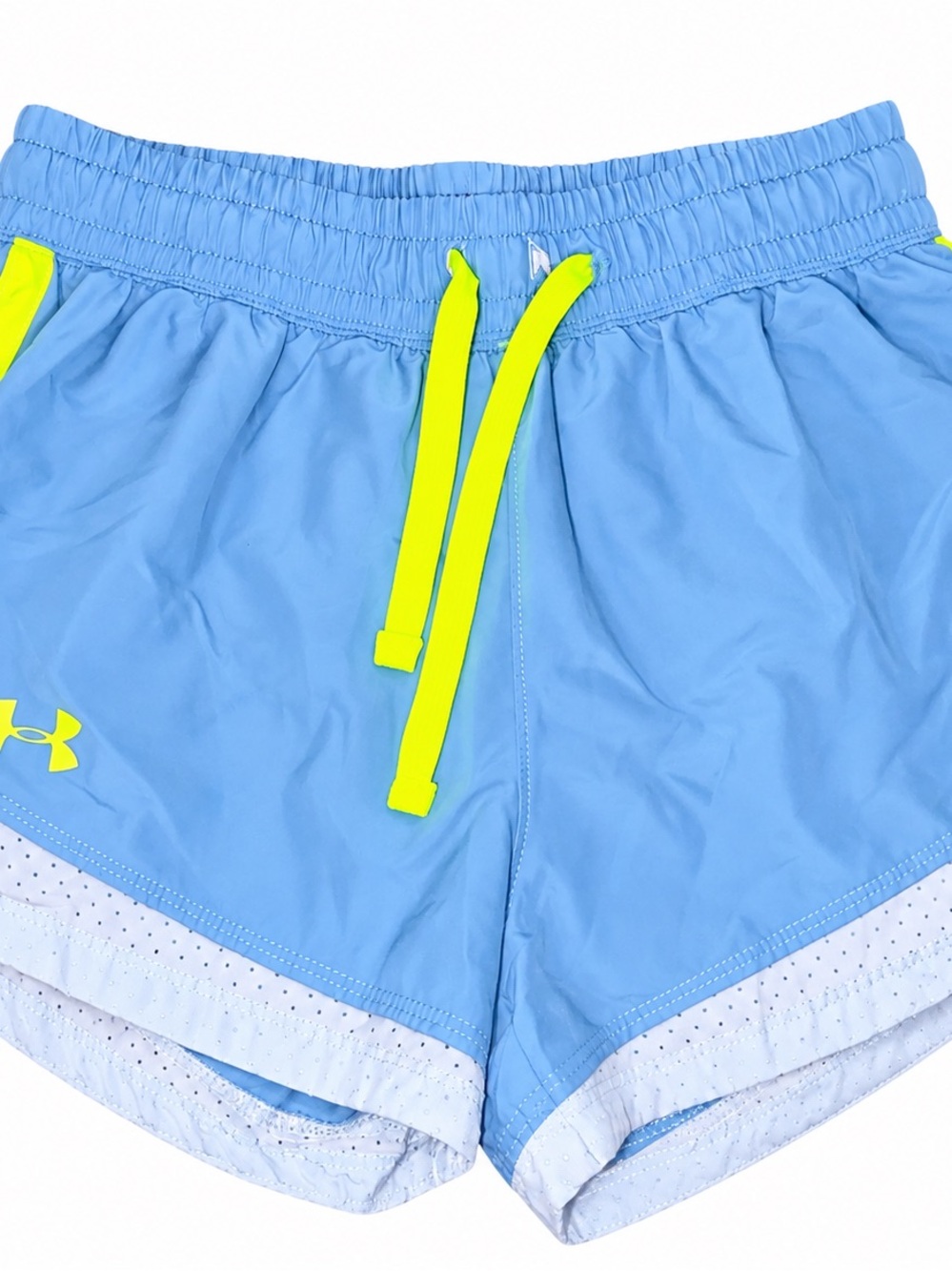 Under Armour Women's Sky Blue Athletic Shorts with Neon Yellow Drawcord